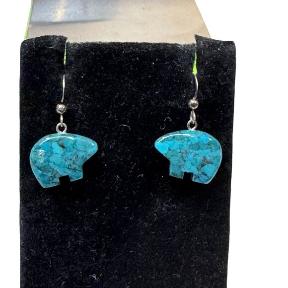 Vintage Carved Bear Fetish Sterling Silver 925 Turquoise Bear Earrings Dangle - Picture 4 of 7